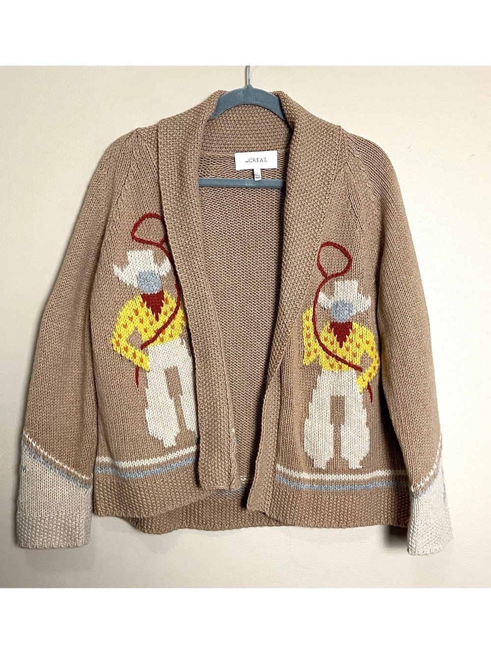 THE GREAT. Beige Knit Cardigan with Cream and Yellow Intarsia - Picture 5 of 13